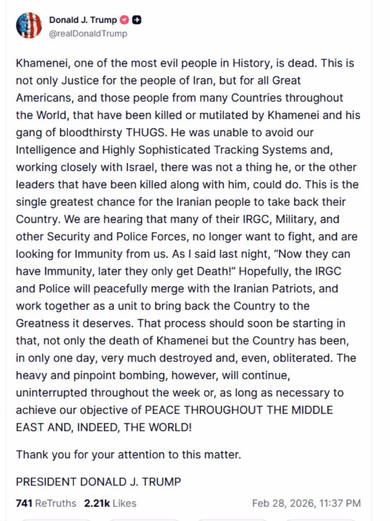 — ترامب يعلن رسميا مقتل المرشد الإيراني علي خامنئي