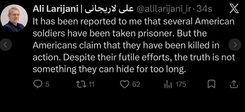 &mdash; لاريجاني : عدد من الجنود الأمريكيين وقعوا في الأسر