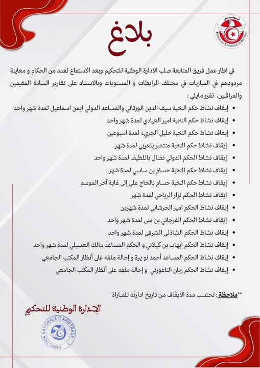 — الإدارة الوطنية للتحكيم تعلن عن حزمة عقوبات قاسية ضد عدد من الحكام